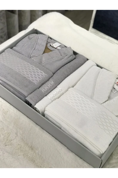 Özdilek Elissa Aile Bornoz Seti - Gri Beyaz ürün görseli 1