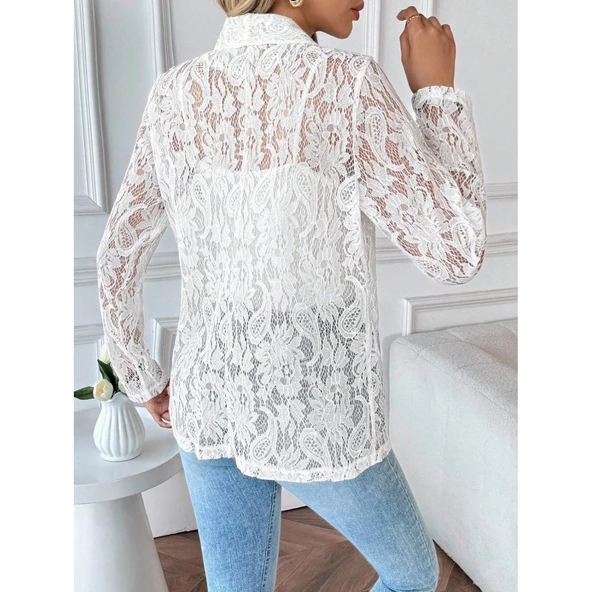 Lucky Life Kadın Uzun Kollu Yakalı önü Açık Dantelli Ceket - Resim 4