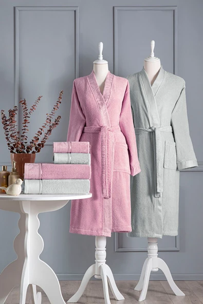 Özdilek Ditsy Aile Bornoz Seti - Pembe - Gri ürün görseli 1