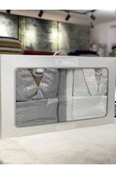 Özdilek Elissa Aile Bornoz Seti - Gri Beyaz - Resim 4