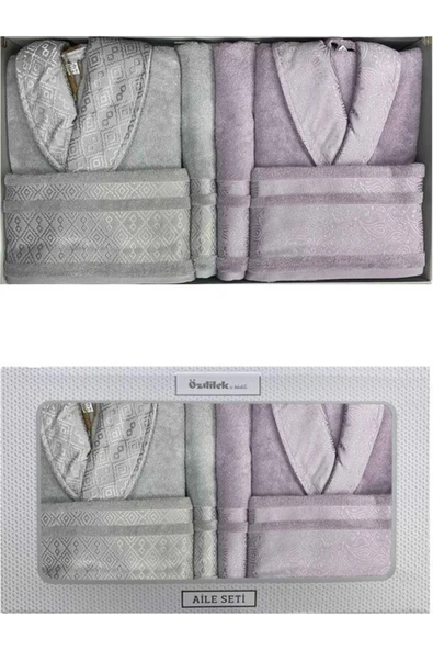 Özdilek Dory Aile Bornoz Seti - Krem - Gri - Resim 2
