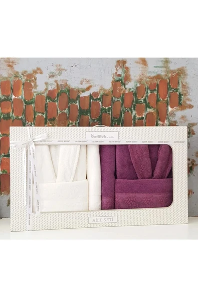 Özdilek Branch Aile Bornoz Seti Krem-mürdüm ürün görseli 1