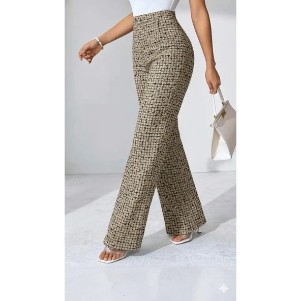 Lucky Life Kadın Yüksek Bel Paçaya Doğru Geniş Dokuma Pantolon - Resim 2