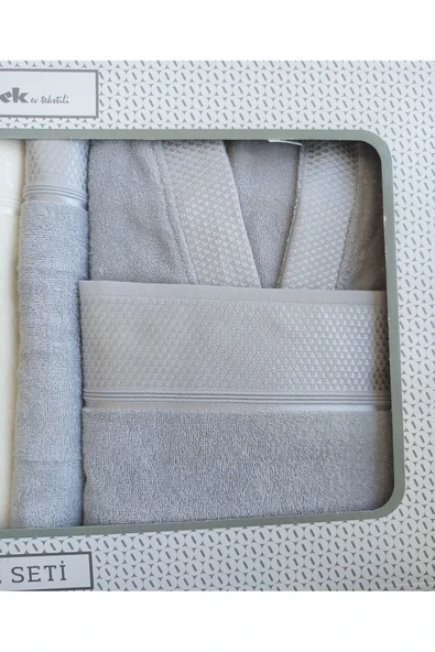 Özdilek Ditsy Aile Bornoz Seti- Krem Gri - Resim 4