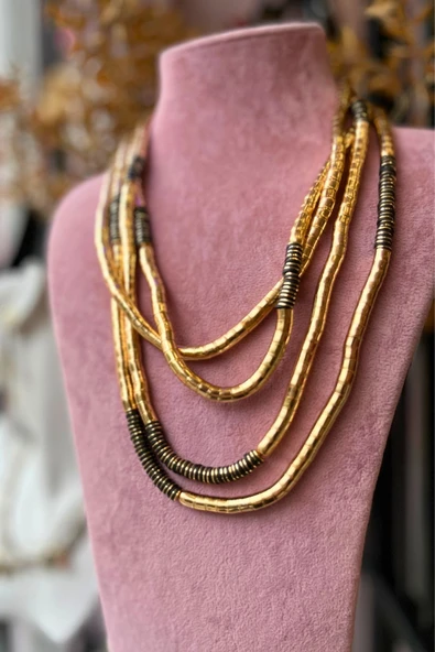 Meva Takı ve Aksesuar Gold & Siyah Katmanlı Boncuk Kolye - Resim 6