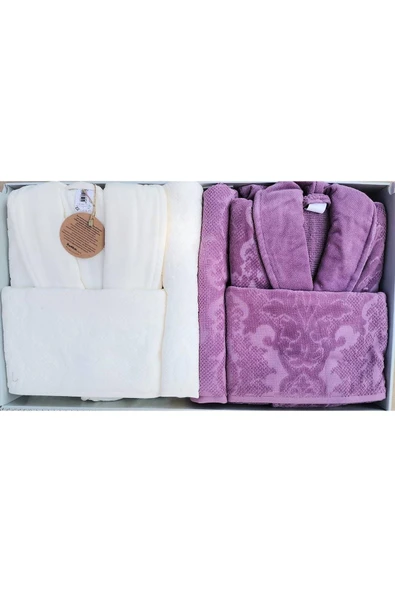 Özdilek Curve Aile Bornoz Seti Mürdüm-Krem ürün görseli 1