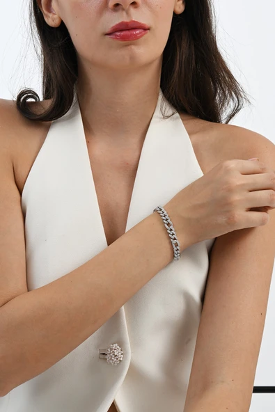 925 ayar gümüş rodyumlu zirkon taşlı ithal aralıklı gurmet gümüş bileklik SGTL13047RODAJ - Resim 3