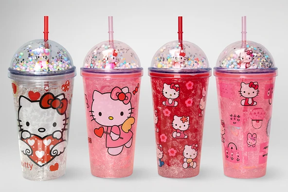 Sevimli Hello Kitty Pipetli Işıklı Boncuklu Suluk Bardak 400 ml ürün görseli 1