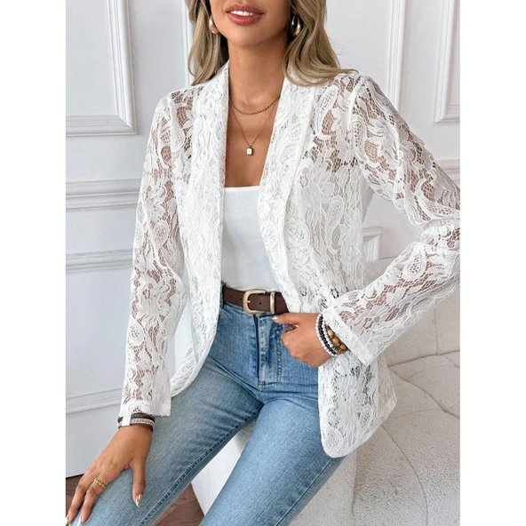 Lucky Life Kadın Uzun Kollu Yakalı önü Açık Dantelli Ceket - Resim 3