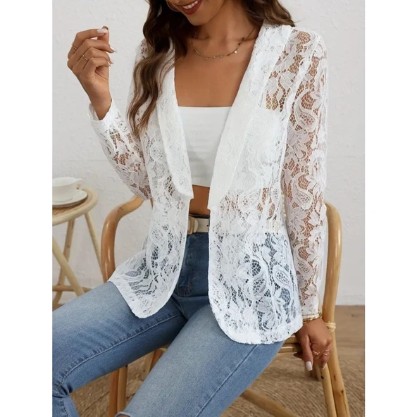Lucky Life Kadın Uzun Kollu Yakalı önü Açık Dantelli Ceket - Resim 7