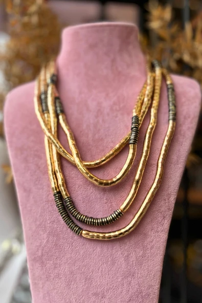 Meva Takı ve Aksesuar Gold & Siyah Katmanlı Boncuk Kolye - Resim 4