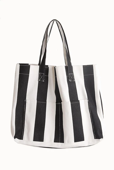 Kadın Kanvas 2 Cepli Günlük Renkli Plaj Omuz Çantası Siyah ürün görseli 1