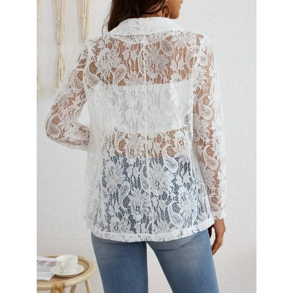 Lucky Life Kadın Uzun Kollu Yakalı önü Açık Dantelli Ceket - Resim 8