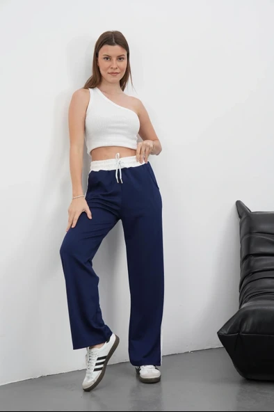 Şeritli garnili pantolon lacivert ürün görseli 1