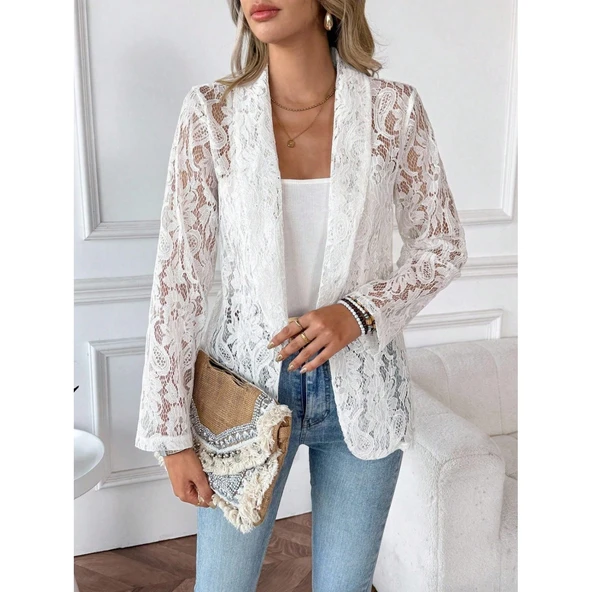 Lucky Life Kadın Uzun Kollu Yakalı önü Açık Dantelli Ceket ürün görseli 1