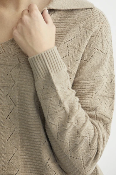 Polo Yaka Motifli Triko Kazak - Kamel - Resim 4