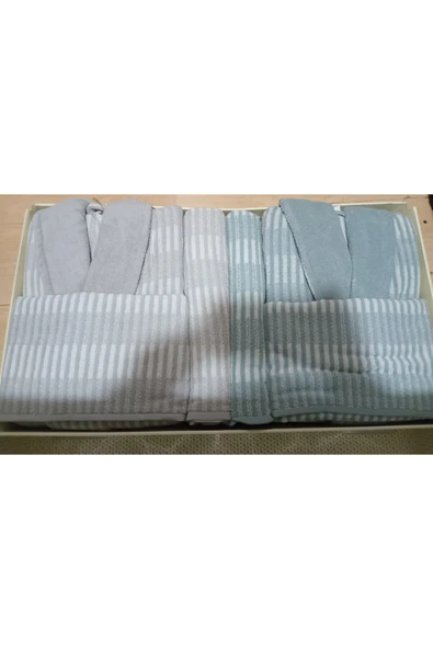 Özdilek Striscia Aile Bornoz Seti - Gri - Yeşil ürün görseli 1