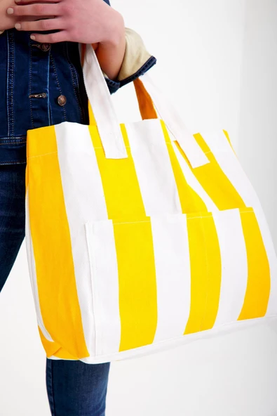 Kadın Kanvas 2 Cepli Günlük Renkli Plaj Omuz Çantası Sarı - Resim 2