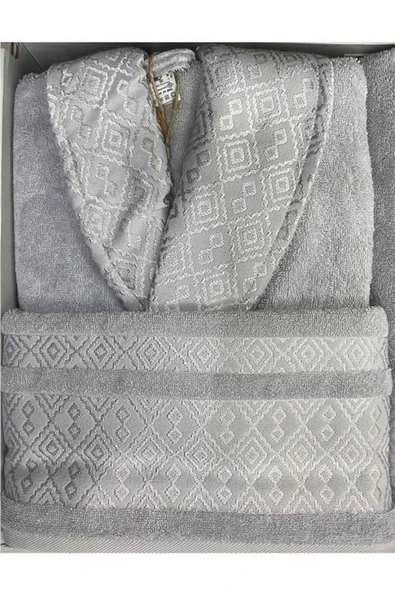 Özdilek Dory Aile Bornoz Seti - Krem - Gri - Resim 5