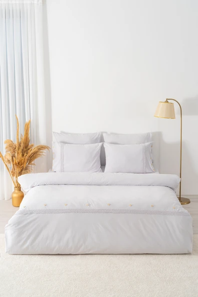 Grace Taş Güpürlü Çift Kişilik %100 Pamuklu Nevresim Seti - 6 Parça Çeyiz Seti - Resim 3