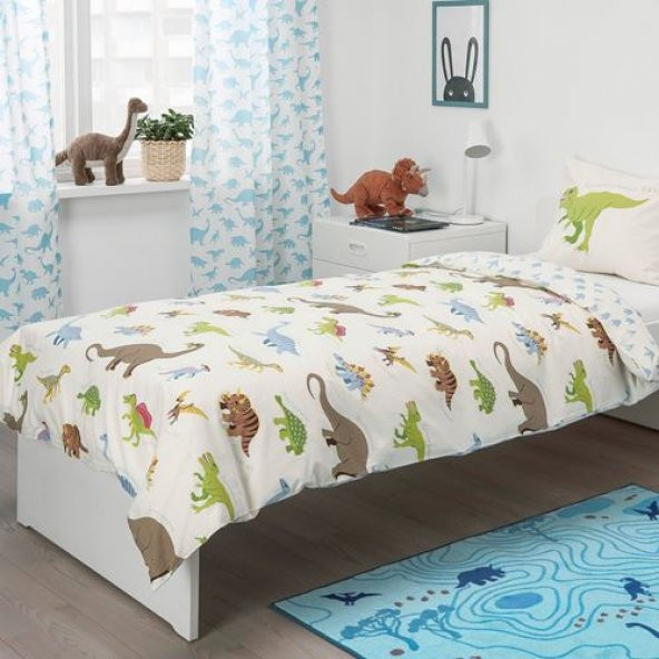 Tek Kişilik Çocuk Nevresim Takımı IKEA Çift Taraflı,Dinazor Figürlü-150x200-Çarşafsız - 5