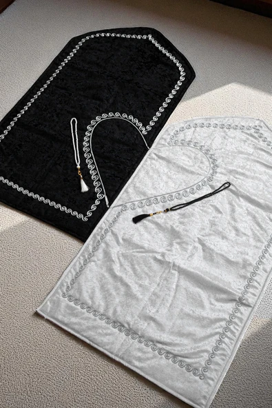 Kalpli Seccade Eşli Çift Seccadesi Hediyelik Gelin Damat Bohçası Çeyizlik Seccade Seti - Gri - Resim 7