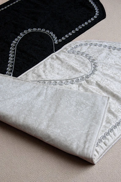 Kalpli Seccade Eşli Çift Seccadesi Hediyelik Gelin Damat Bohçası Çeyizlik Seccade Seti - Gri - Resim 9