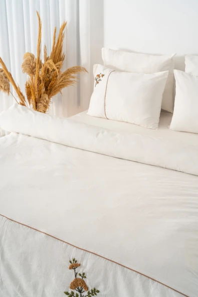 Donna Bej Nakışlı Çift Kişilik Pamuklu Nevresim Seti - 6 Parça Çeyiz Seti - Resim 5