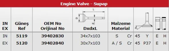 Vag Subap Takımı İbiza Malaga Ronda Glx 1,5 (in 4 / Ex 4) - Gunes 5119-5120 ürün görseli 1