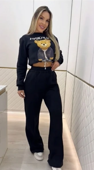 Lucky Life Kadın Uzun Kollu Bisiklet Yaka Desenli Iki Iplik şardonlu Bluz Ve Pantolon Ikili Takım - Resim 3