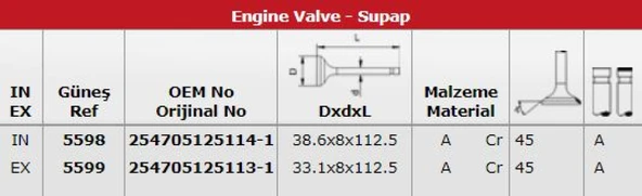 Tata Subap Takımı Emme / Egsoz P205 P407 Ym P309 Bx Tata Xud7te (in: 38,5*8*112,4 / Ex: 33*8*112) - Gunes 5598-5599 ürün görseli 1