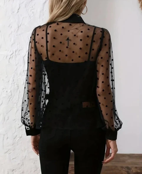 Lucky Life Kadın Uzun Kollu Yakalı şeffaf Tül Detaylı Ve Viskon Atlet Ikili Takım - Resim 3