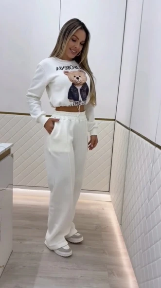 Lucky Life Kadın Uzun Kollu Bisiklet Yaka Desenli Iki Iplik şardonlu Bluz Ve Pantolon Ikili Takım - Resim 3