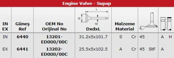 Nissan Subap Takımı Qashqaı-Note 1,6 Benzinli 2007-2012 Hr16de Motor (16 Subap) (stellitli) - Gunes 6440-6441 ürün görseli 1