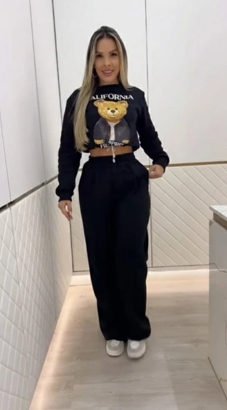 Lucky Life Kadın Uzun Kollu Bisiklet Yaka Desenli Iki Iplik şardonlu Bluz Ve Pantolon Ikili Takım ürün görseli 1