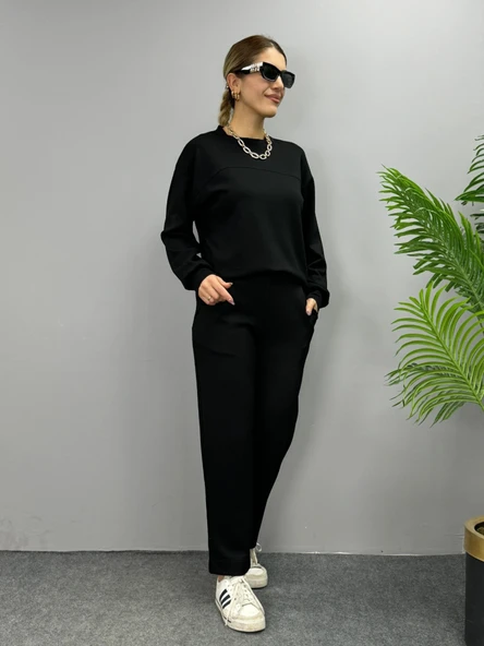 Kadın Uzun Kollu Bisiklet Yaka Viskon Iki Iplik Bluz Ve Pantolon Ikili Takım - Resim 5