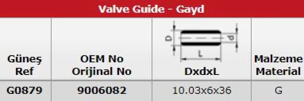 Opel Subap Gaydı (in 8+ex 8) Vectra 1,6 16v - Gunes G0879 ürün görseli 1