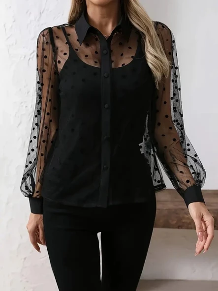 Lucky Life Kadın Uzun Kollu Yakalı şeffaf Tül Detaylı Ve Viskon Atlet Ikili Takım - Resim 2