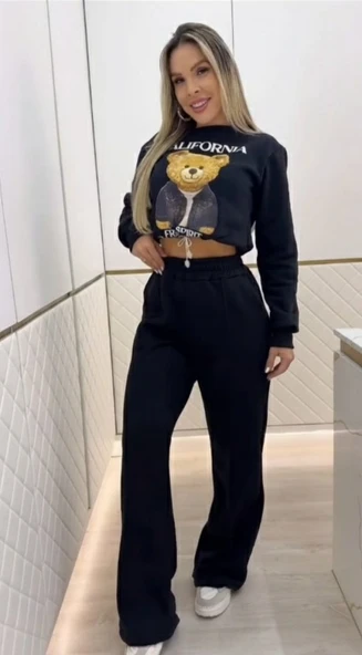 Lucky Life Kadın Uzun Kollu Bisiklet Yaka Desenli Iki Iplik şardonlu Bluz Ve Pantolon Ikili Takım - Resim 2