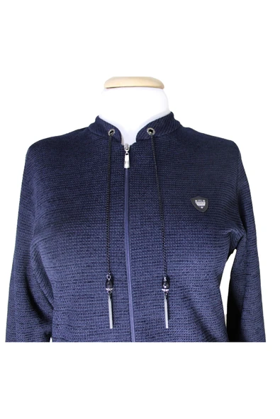 ANNE KADIN BÜYÜK BEDEN HAKİM YAKA FERMUARLI CEPLİ MEVSIMLIK LACIVERT PARDESÜ - Resim 3