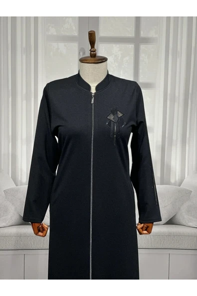 Anne Kadin Büyük Beden Hakim Yaka Fermuarli Cepli Mevsimlik Nakışlı Kap Ceket - Araboy - Resim 4