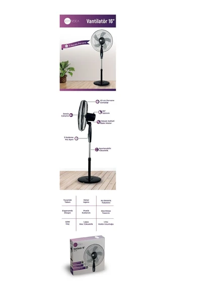 JOYSIDEA FN-100 16 İnç Ayaklı Vantilatör - 3 Kademeli Hız Ayarı, Sessiz ve Etkili Serinlik - Resim 6