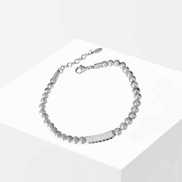 Taşlı Plakalı Silver Erkek Çelik Bileklik - Resim 2