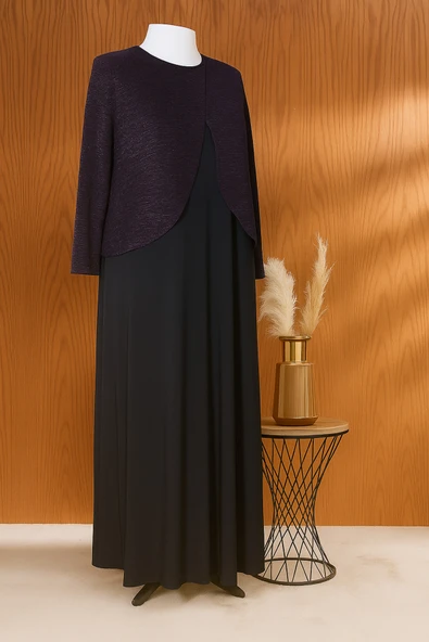 Siyah Zuhal Ceketli Büyük Beden Şık ince çizgili Desen Anne Abiye Takım Elbise - Resim 3