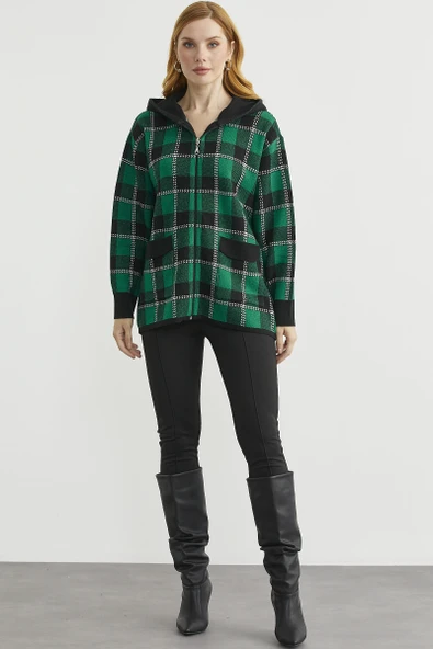 Renkli Ekose Geçişli Yünlü Triko Hırka - Siyah ürün görseli 1