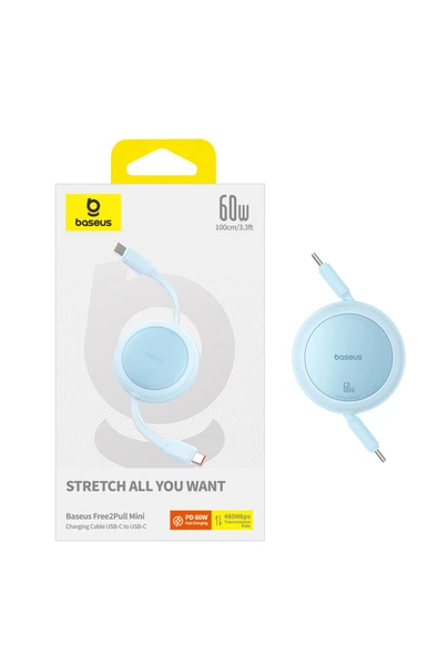 Free2Pull Mini Makaralı USB-C 60W Hızlı Şarj ve Data Kablosu, Mavi - Resim 3