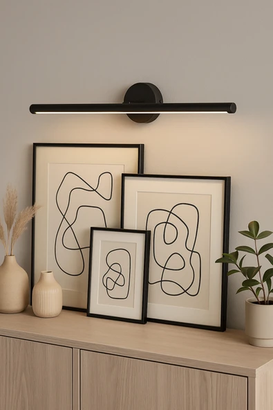 Netzy Obsidian Noir™ Simli Siyah 70 cm Modern Kablosuz Tablo Ayna Pilli Aplik Montajsız Duvar Lambası - Resim 4