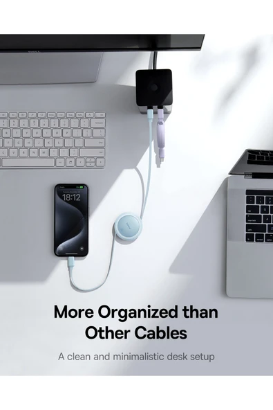 Free2Pull Mini Makaralı USB-C 60W Hızlı Şarj ve Data Kablosu, Mavi - Resim 5