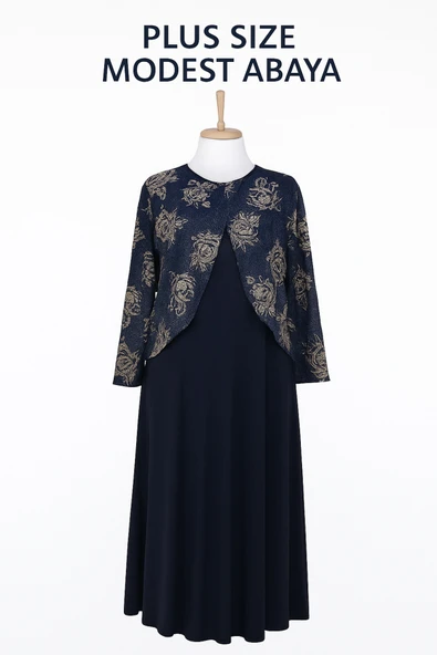 Lacivert Zuhal Ceketli Büyük Beden Şık Desenli Anne Abiye Takım Elbise ürün görseli 1