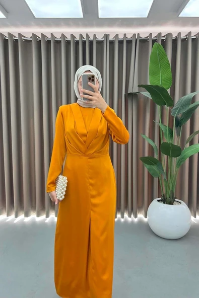 Saten Kumaş Pile Detaylı Tesettür Abiye Elbise - Hardal - Resim 2